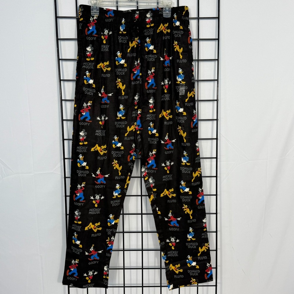 Disney 2024 Holiday Pants Mens Medium Black AOP Mickey Pluto Donald Duck Goofy